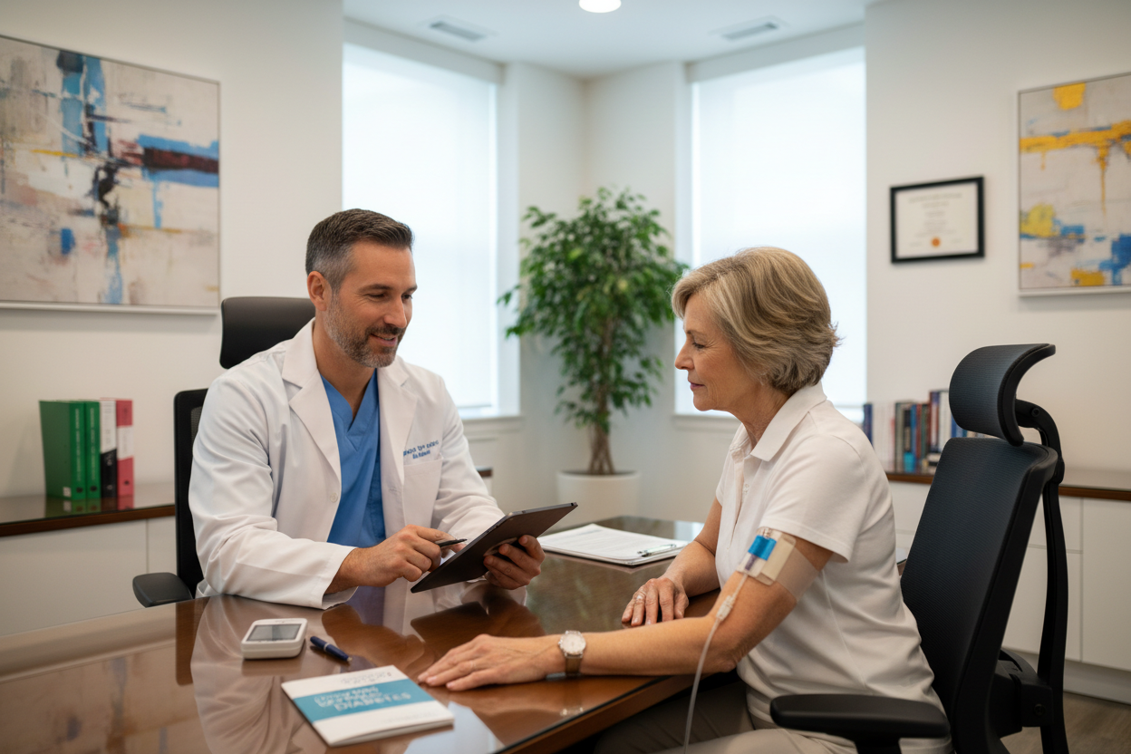 Person checking a continuous glucose monitor on their arm — living with diabetes daily management