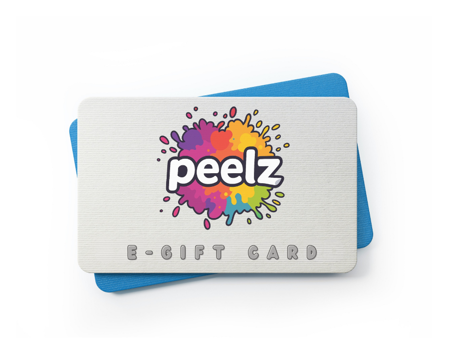 Peelz e-gift card with colorful splash design on a white background