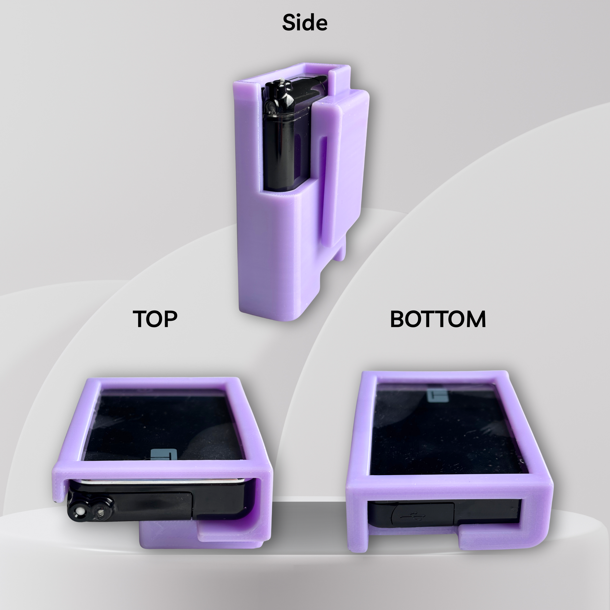 Purple case shown from top, side, and bottom angles on a gray background