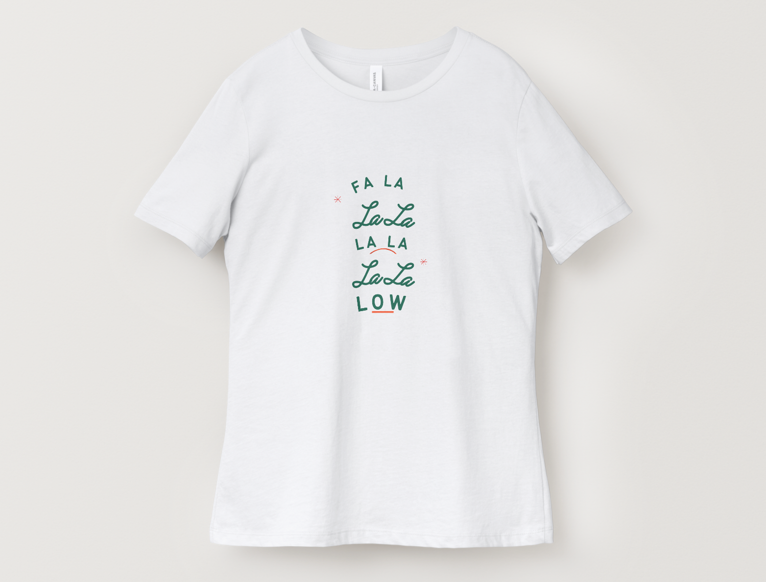 White t-shirt with text design on a light gray background